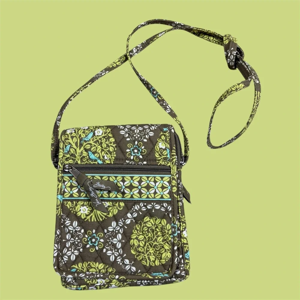 Vera Bradley Quilted Crossbody Bag Lime's Up Floral Bird‎ Pattern Small Purse